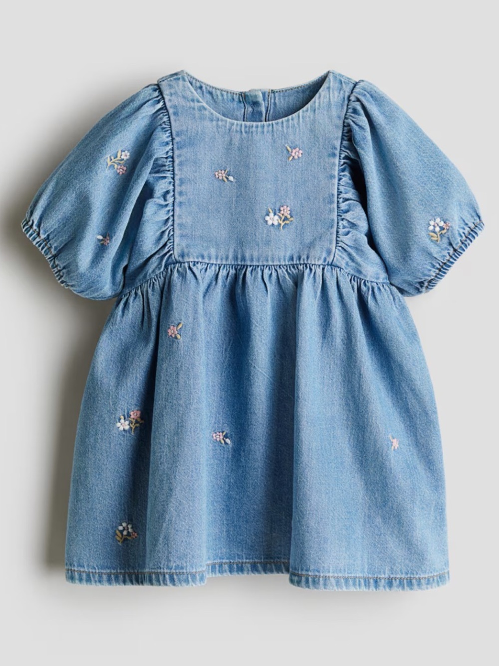 H&M - NWT! Infant Girls Denim Floral Embroidered Puff-Sleeve Dress